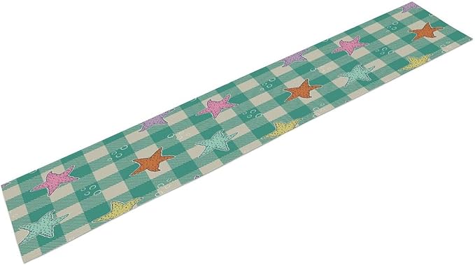 Starfish Plaid Table Flag Green Plaid and Marine Life Starfish Kitchen Table Flag Suitable for Birthday Party Restaurant Decoration Outdoor Picnic 13 * 120 Inch