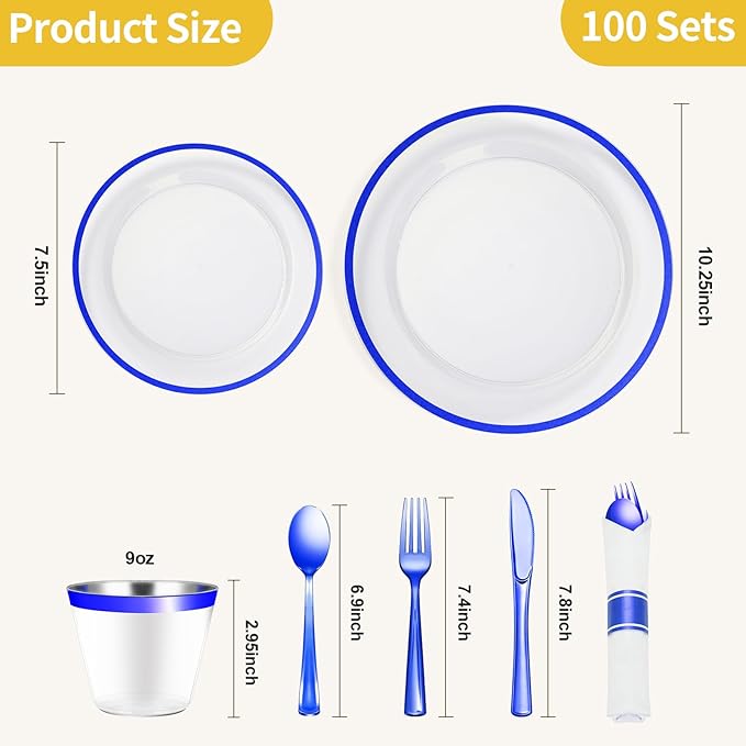 Plates Set for 100 Guests, 700 Pieces, Dark Blue Plastic with Trim