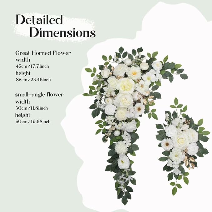 Artificial Flowers Wedding Arch Decor, White Set of 2 with 20 Plastic Stems
