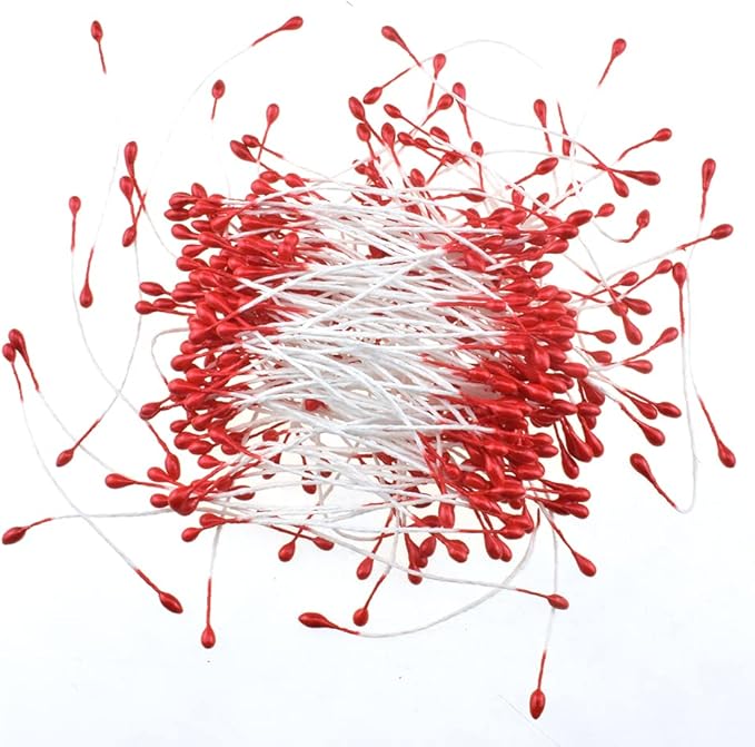 HAHIYO 700Pcs 3mm Red Pearl Double Head Flower Stamen Pistil Hand-Made Artificial Flower Pistil Flore Pearlized Floral Stamen Flower Pollen Stamen Holly Berrie for Flower Making Scrapbook Decoration