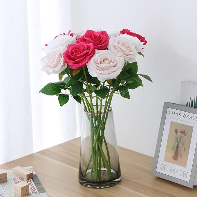 Artificial Rose 10pcs Open Flower Bouquet Faux Rose Stems for Wedding Arrangement, Bridal Bouquet, Centerpiece, Fake Faux Silk Flowers (White)