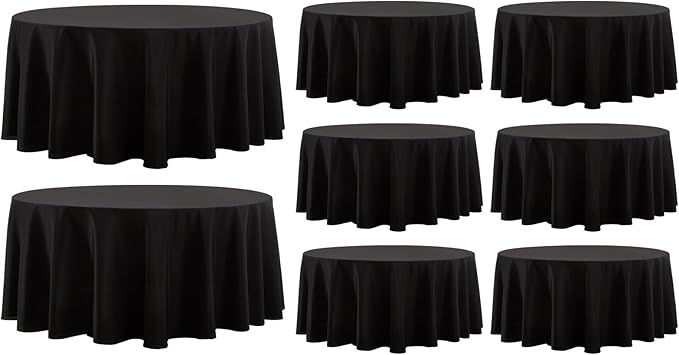 Tablecloths, Round Black Polyester 108 Inch, 8 Pack