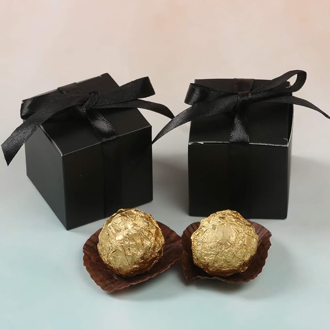 COTOPHER 100pcs Wedding Favor Boxes, Paper Gift Boxes 3x3x3 Inches Small Gift Boxes with Ribbons Small Boxes for Gifts, Crafting, Cupcake, Candy, Bridesmaid Proposal Boxes，Easy Assemble Boxes (Black)