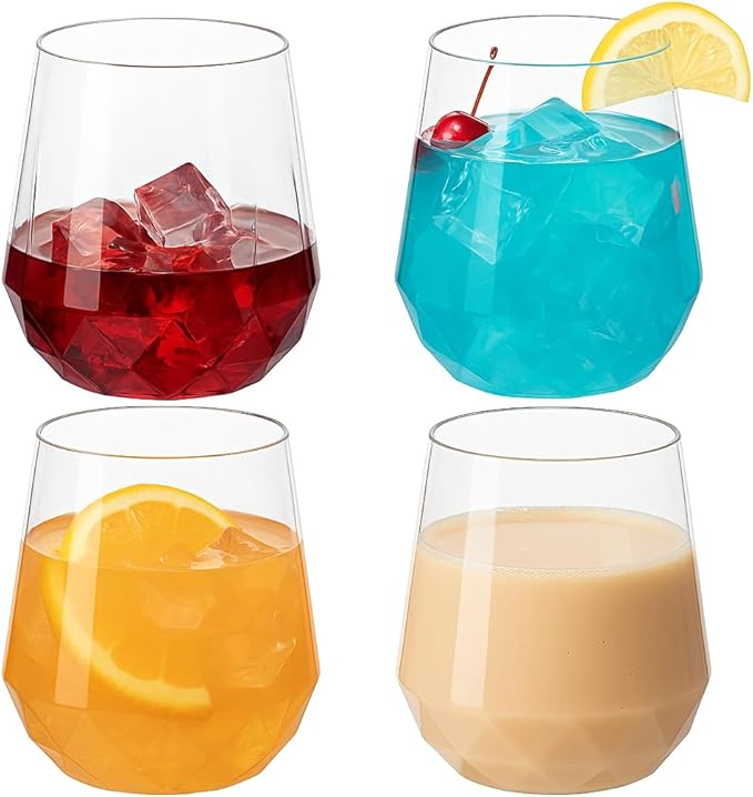 40 count Diamond Unbreakable Stemless Plastic Wine Champagne Whiskey Glasses Elegant Durable Disposable Indoor Outdoor Home office wedding bars 12 Ounce (Classic Old Fashioned Clear)