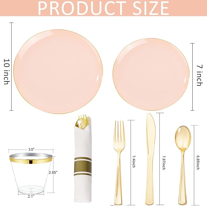 KIRE 175PCS Pink Plates Disposable - Heavy Duty Pink and Gold Plastic Plates Dinnerware Sets - 25 for Dinner 25 for Dessert 25 Pre Rolled Napkins 25Cups for Birthday Party/Wedding