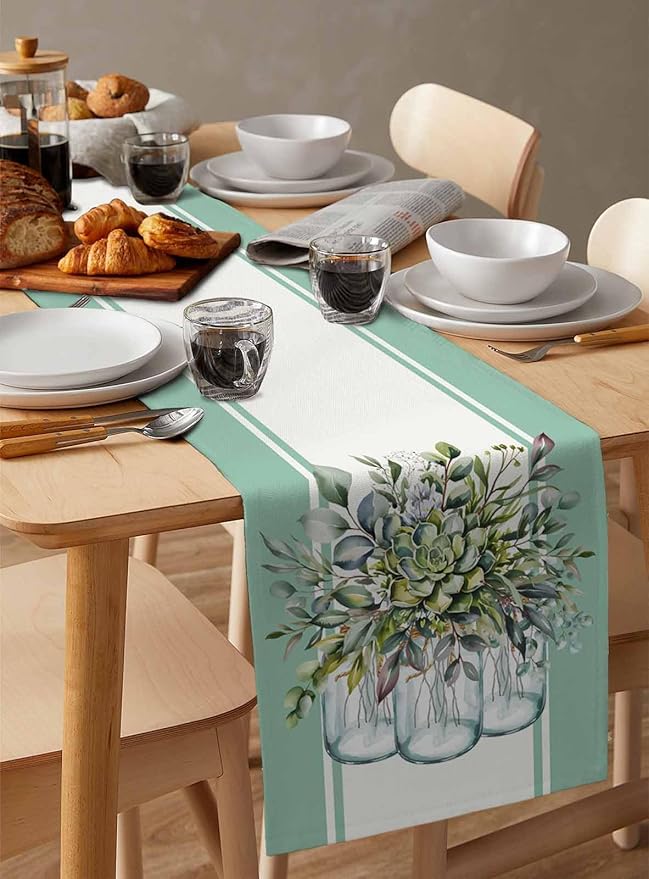Eucalyptus Cotton Linen Table Runner for Dining Kitchen, Wedding Outdoor Party Tablerunners Decoration, Green Leaves Botanical Plants Watercolor Dresser Scarf Coffee Tablecloth Runners 13x60 Inches