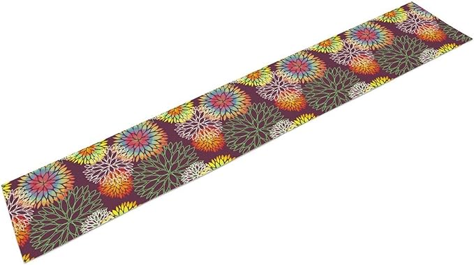 Brown Dahlia Flower Table Runner, Linen Geometric Pattern Floral Table Decor Spring Farmhouse Decorations for Kitchen Dining Holiday Party Decor, 13x60 Inch
