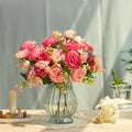 Artificial Peonies Silk Flowers in Glass Vase Faux Flowers Bouquets