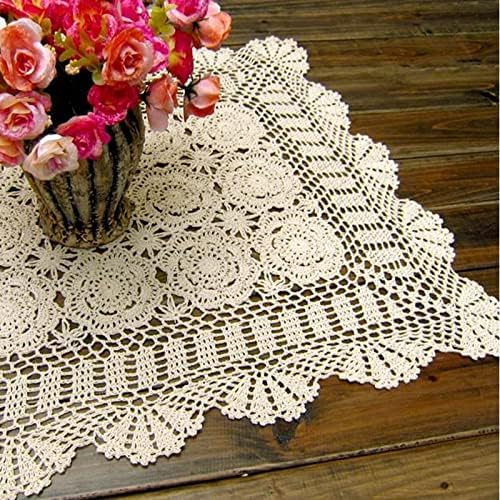 Cotton Handmade Crochet lace Table Runners Rectangular Tablecloth Doilies Doily Table Dresser Scarf Décor,19x23Inch,Beige