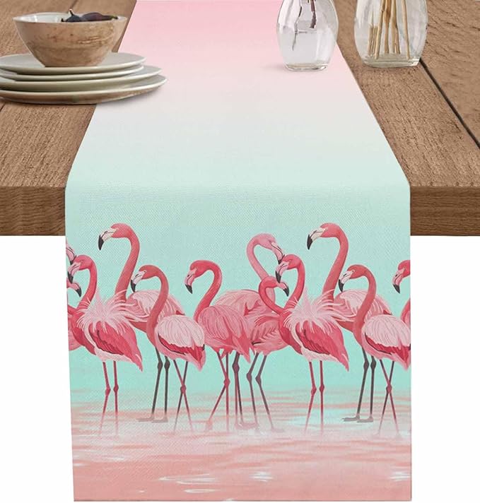 Tropical Flamingo Cotton Linen Table Runner for Dining Kitchen, Wedding Outdoor Party Tablerunners Decoration, Pink Bird Coastal Nautical Animal Dresser Scarf Coffee Tablecloth Runners 13x36 Inches