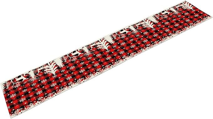 Christmas Table Runner,Red Black Plaid Xmas Snowflakes Deer Trees Print Tablecloth Burlap for Hotel Indoors Outdoor Dining Room Kitchen Home Decor,W13X L90 in