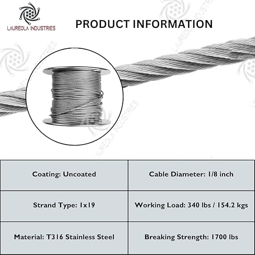 Laureola 1/8" Type-1x19 Grade-316 Stainless Steel Cable Railing Wire Rope - 500ft