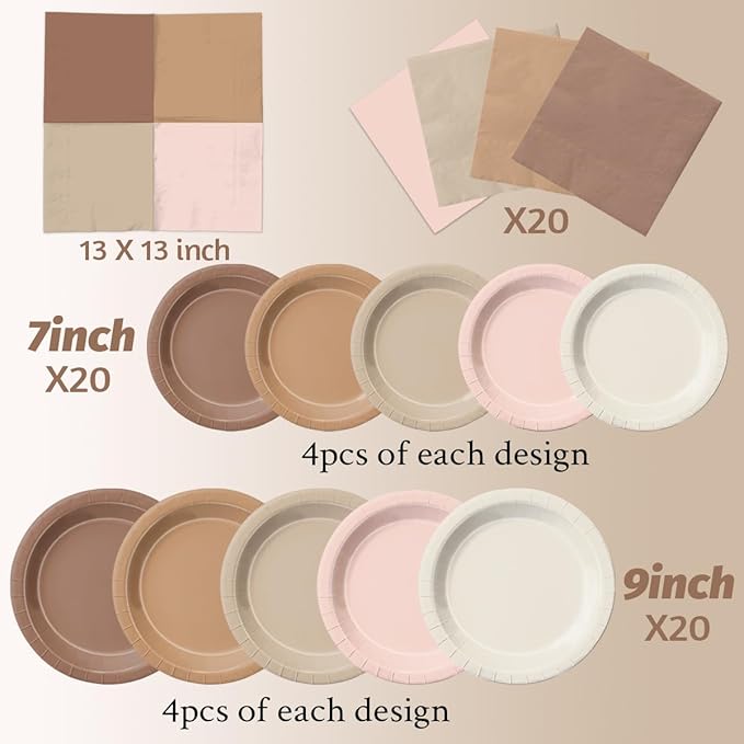 Party Pack Boho Brown Paper Plates and Napkins, 60 Pieces in 9 and 7 Inch