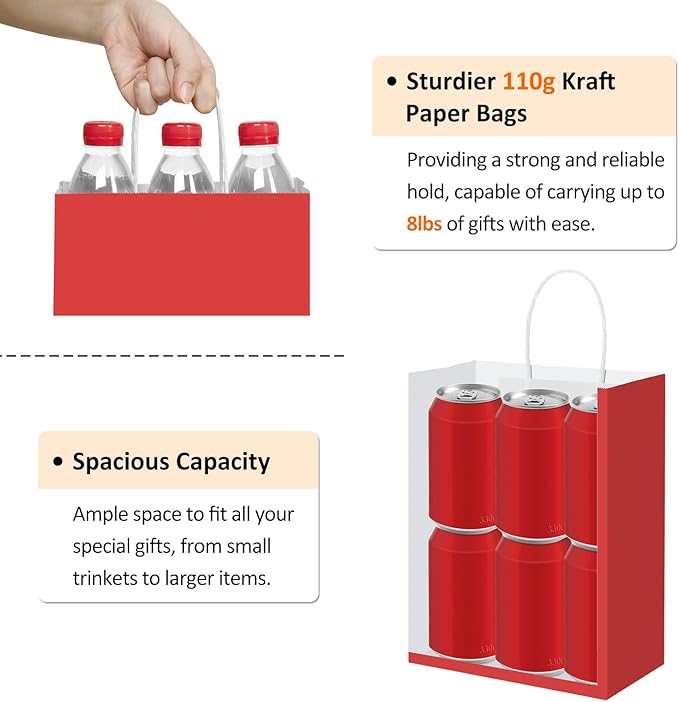 Gift Bags, Red Paper, 100 Count, 8 x 4.25 x 10.5 Inch
