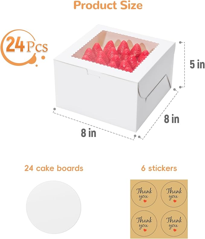 Bakery Take Out Containers 8x8x5 Inch White with Window, 24 Pack