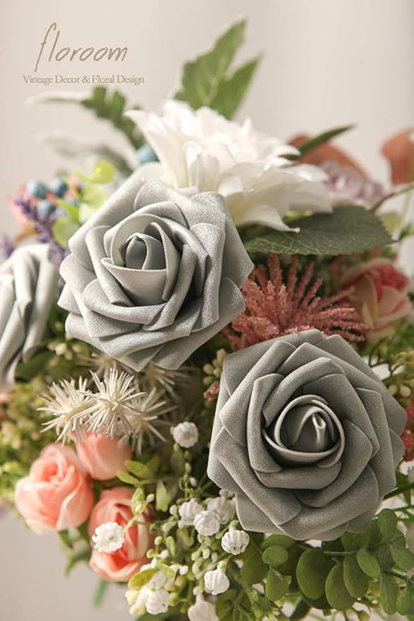 Floroom Artificial Flowers 50pcs Real Looking Shimmer Silver Grey Foam Fake Roses with Stems for DIY Christmas Tree Xmas Wedding Bouquets Party Tables Centerpieces Floral Arrangements Home Decor
