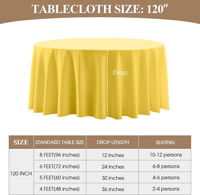 Tablecloths, Round Yellow Polyester, 120 Inch, Washable, Pack of 6