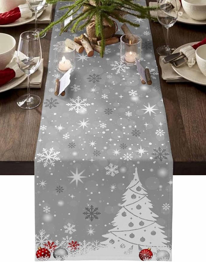 Christmas Snowflakes Cotton Linen Table Runner for Dining Kitchen, Xmas Tree Snow Winter Wedding Outdoor Party Tablerunners Decoration, Grey Balls Dresser Scarf Coffee Tablecloth Runners 13x36 Inches