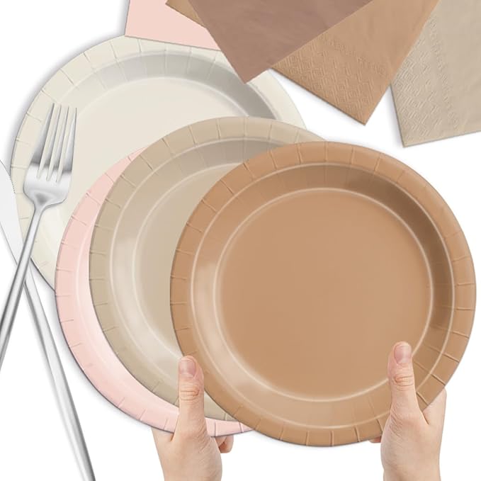 Party Pack Boho Brown Paper Plates and Napkins, 60 Pieces in 9 and 7 Inch