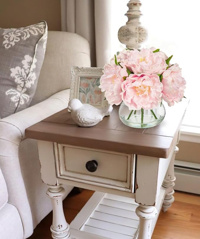 Hollyone Pink Peonies Artificial Flowers with Vase Faux Flowers Peony Fake Flowers Silk Flower Arrangements in Glass Vase with Faux Water for Home Decor Bathroom Table Centerpiece Shelf Decorations
