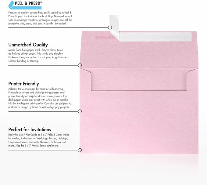 LUXPaper A7 Invitation Envelopes | Peel & Press | 5 1/4" x 7 1/4" | Rose Quartz Metallic | 80lb. Text | 500 Qty