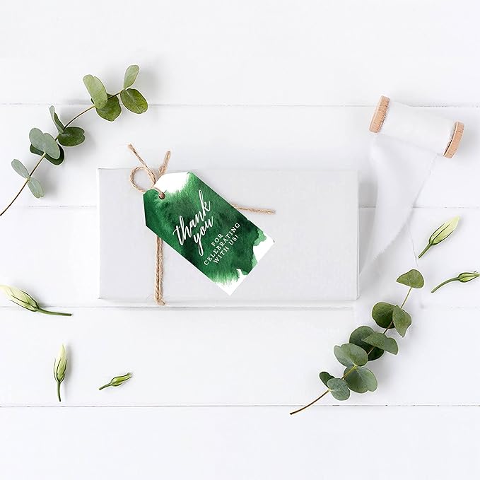 Andaz Press 100-Pack Thank You for Celebrating with Us Favor Tags Emerald Green Watercolor Cardstock Gift Tags with Bakers Twine for Wedding Baby Shower Bridal Shower Party Favors 2 x 3.75-Inches