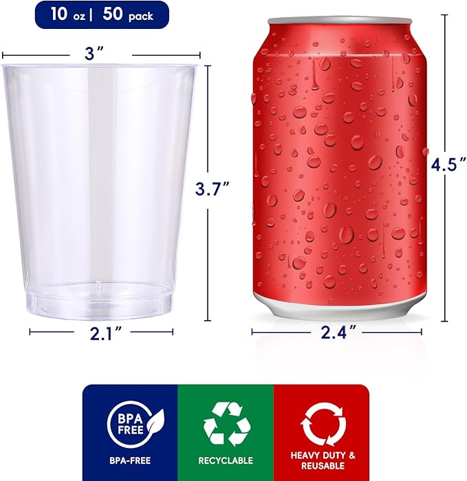 Party Cups, 10 oz Clear Disposable Plastic Tumblers, Pack of 50