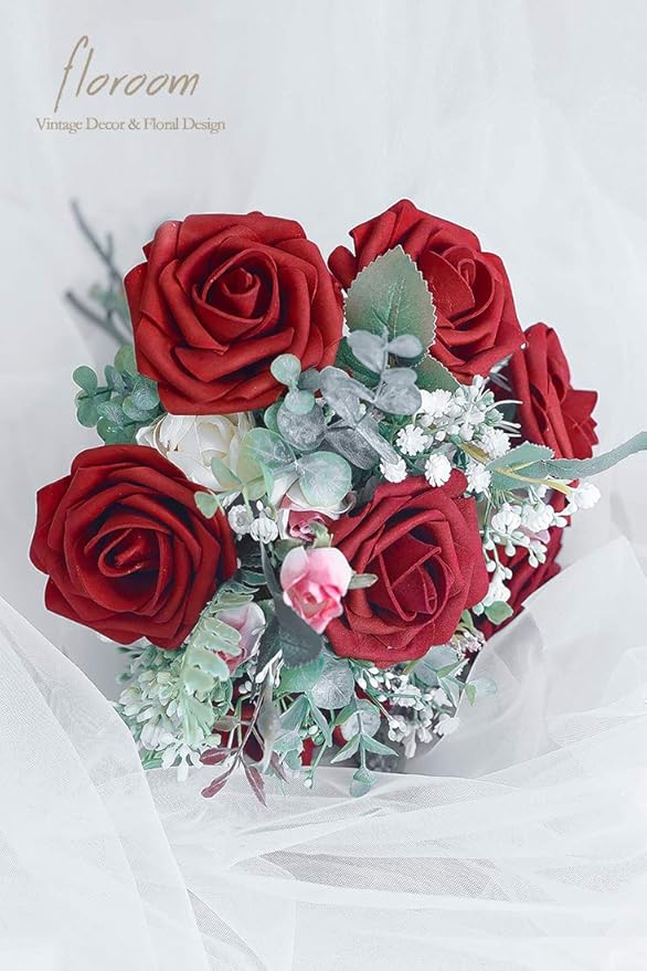 Floroom Artificial Flowers 50pcs Real Looking Dark Red Foam Fake Roses with Stems for DIY Wedding Bouquets Bridal Shower Centerpieces Floral Arrangements Party Tables Home Decorations