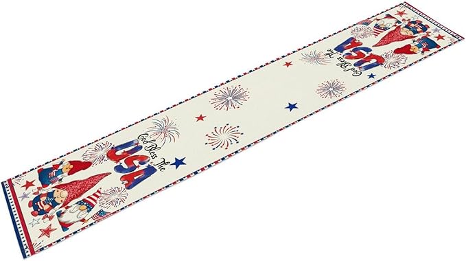 Cute Patriotic Gnomes Table Runner, American Independence Day 4th of July Gnome Blue Red Fireworks Confetti Print Table Runner for Home Kitchen Dining Table Party Decor, 13x70inch