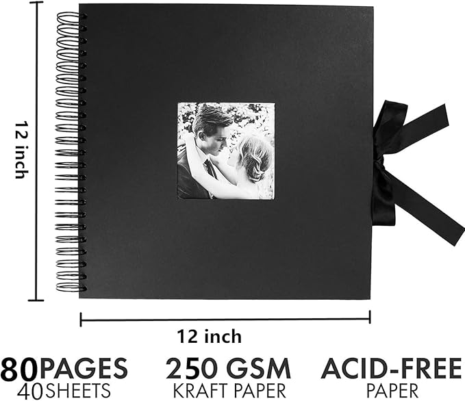 INNOCHEER Photo Album - Self Adhesive 80 Black Pages, Large Scrapbook Wedding Guest Book for DIY Anniversary Travel Memory Scrapbooking (Black 12 x 12)