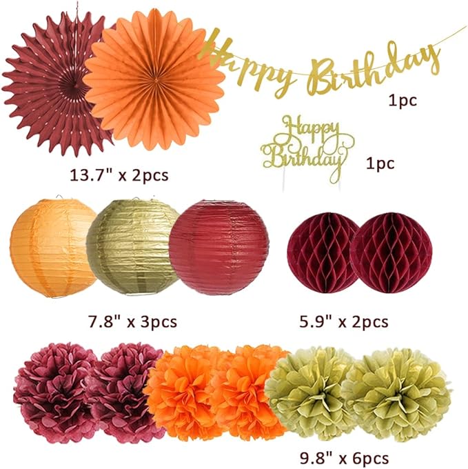 Tissue Pom Poms for Fall Birthday Party, Burgundy Orange and Gold Decor Set