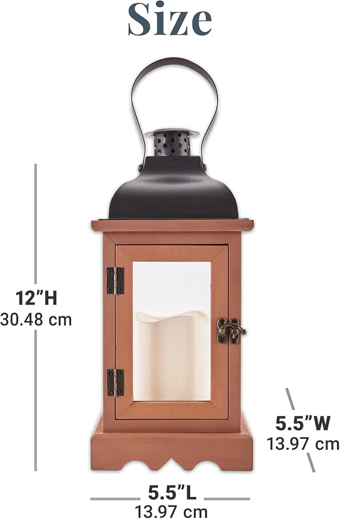 Decorative Candle Lantern - Wood and Metal, 12-Inch, Battery LED