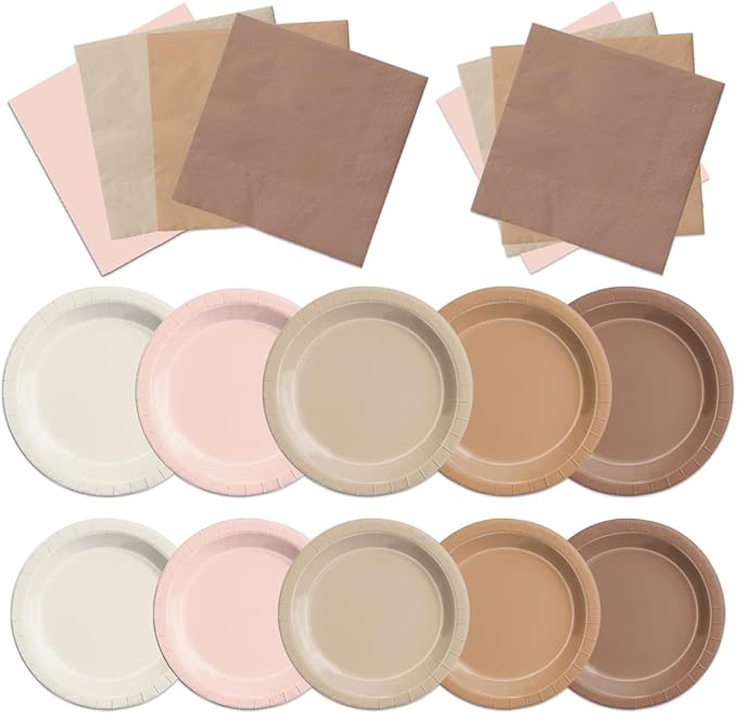 Party Pack Boho Brown Paper Plates and Napkins, 60 Pieces in 9 and 7 Inch