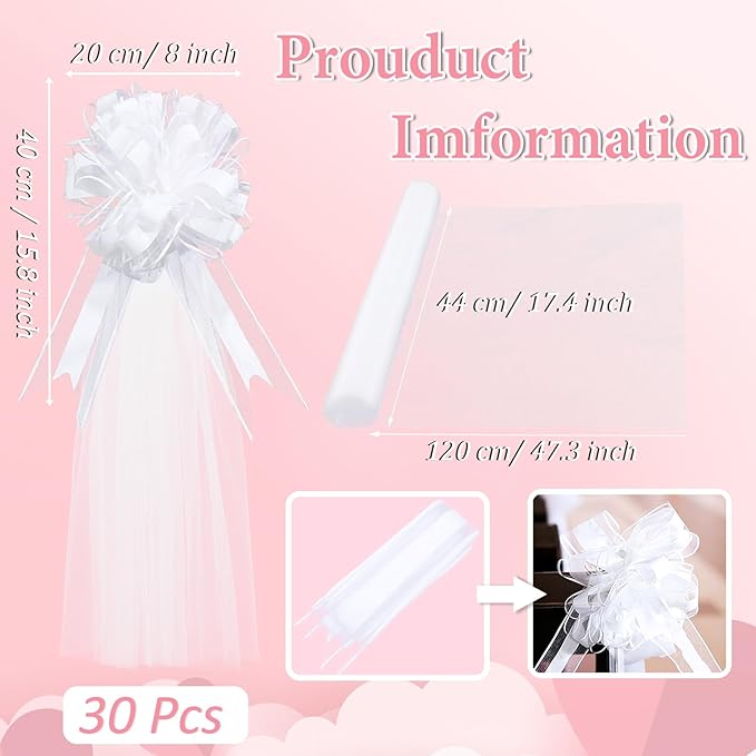 Gift Wrap Bows, 30 Pack White Striped Tulle with Long Tails