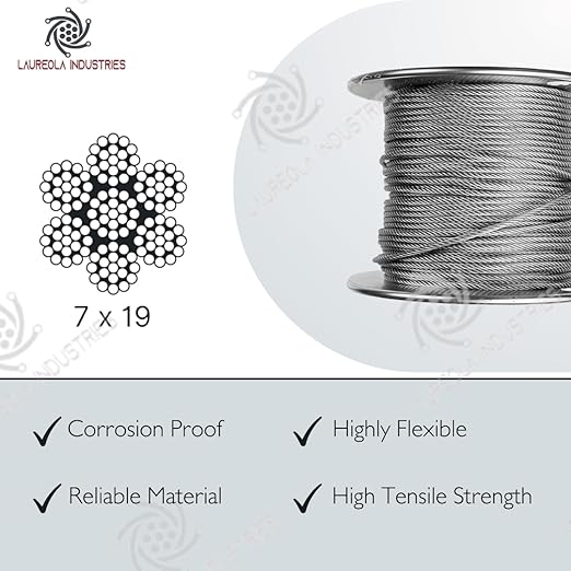 Laureola 1/8" 7x19 Stainless Steel Aircraft Wire Rope 304 Grade (150ft)
