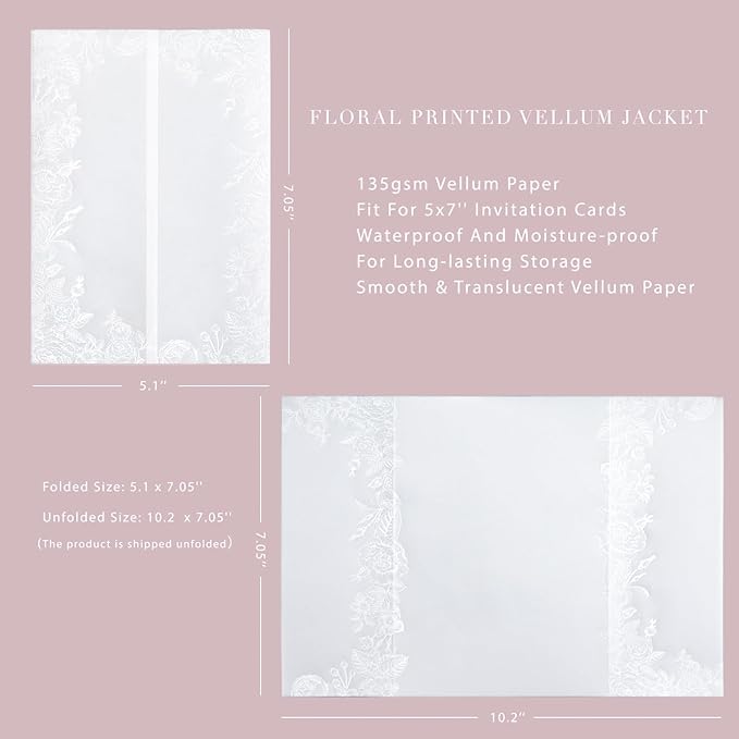 PONATIA 50PCS White Vellum Jackets for 5x7 Invitation Cards- 135GSM White Foil Print Flowers Sleeves, Vellum Paper 5x7 Wraps - Transparent Christmas Gift Cards Jackets