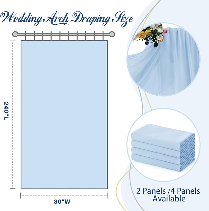 SiinvdaBZX 2 Panels Wedding Arch Draping Fabric 30" x 20Ft Light Blue Sheer Chiffon Fabric Outdoor Extra Long Decorative Drapery for Party Ceremony Ceiling Curtain Backdrop