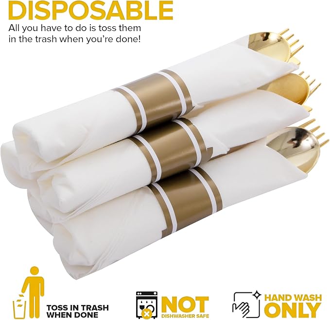 50Guests Pre Rolled Gold Plastic Silverware Sets - Heavy Duty Gold Cutlery - Include 50 Pack Wrapped Disposable Utensils with Napkins for Parties, Dinners & Weddings