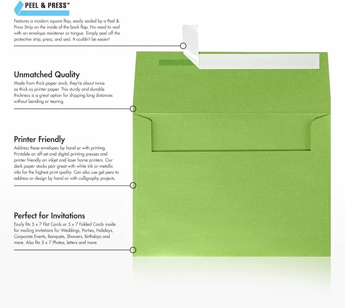 LUXPaper A7 Invitation Envelopes | Peel & Press | 5 1/4" x 7 1/4" | Fairway Metallic | 80lb. Text | 50 Qty