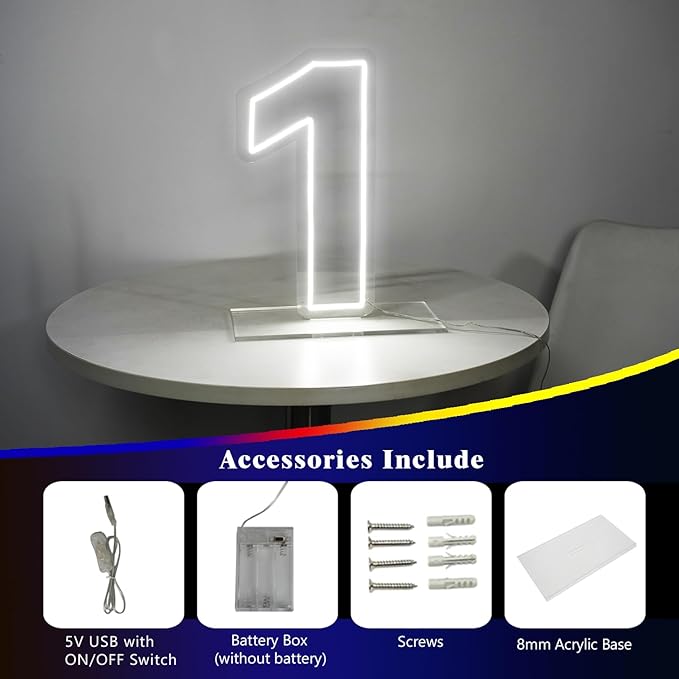 Number 1 Neon Sign for First Birthday, 16.54" Cool White USB Battery Powered One Neon Sign for Party Wedding Anniversary Decor Light Sign (Number 1)