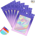 Funfery 100 Pack Gradient Holographic Bags,Mylar Resealable Bag with Zipper,Clear Window Packaging Pouchs, Smell Proof Foil Bag for Food Storage,Sample Jewelry Baggies(5.5x7.9In,Purple Pink)