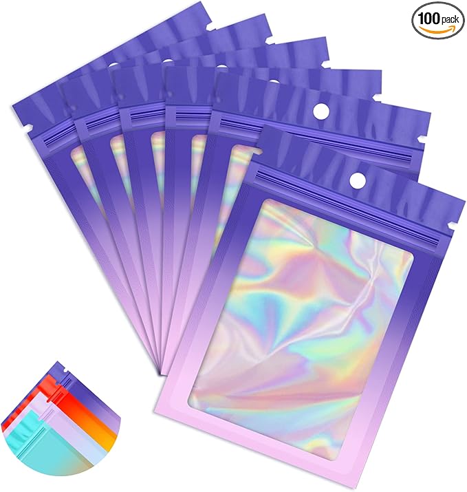 Funfery 100 Pack Gradient Holographic Bags,Mylar Resealable Bag with Zipper,Clear Window Packaging Pouchs, Smell Proof Foil Bag for Food Storage,Sample Jewelry Baggies(5.5x7.9In,Purple Pink)