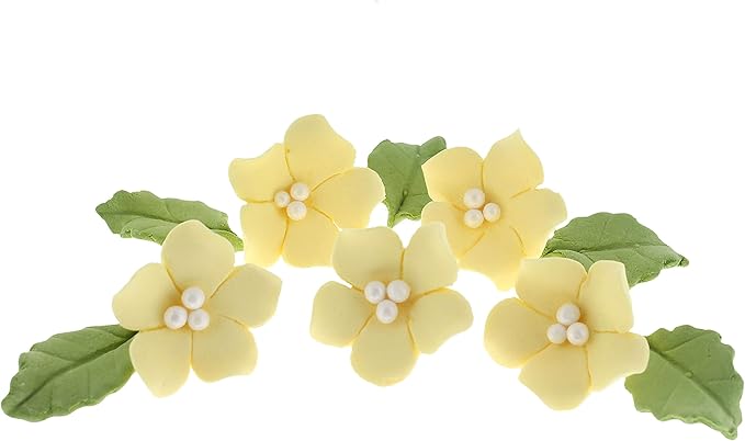 Edible Cake Toppers: Small Yellow Gumpaste Flowers and Leaves, 24 Count