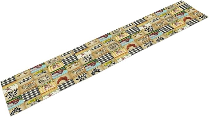 Farmhouse Animals Table Runner,Rustic Cabin Pig Chicken Cow Sunflowers Geometric Grids Burlap for Hotel Indoors Outdoor Dining Room Kitchen Holiday Party, 13x60in