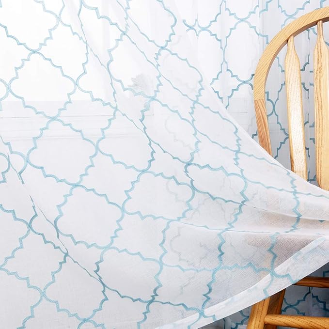 Embroidery Sheer Curtains Blue 95 Inches Long, Window Treatments Rod Pocket Drapes for Living room, Bedroom, Moroccan Design Crinkle Voile Curtain Panels for Yard, Villa, Parlor, Set of 2, 52"x 95".