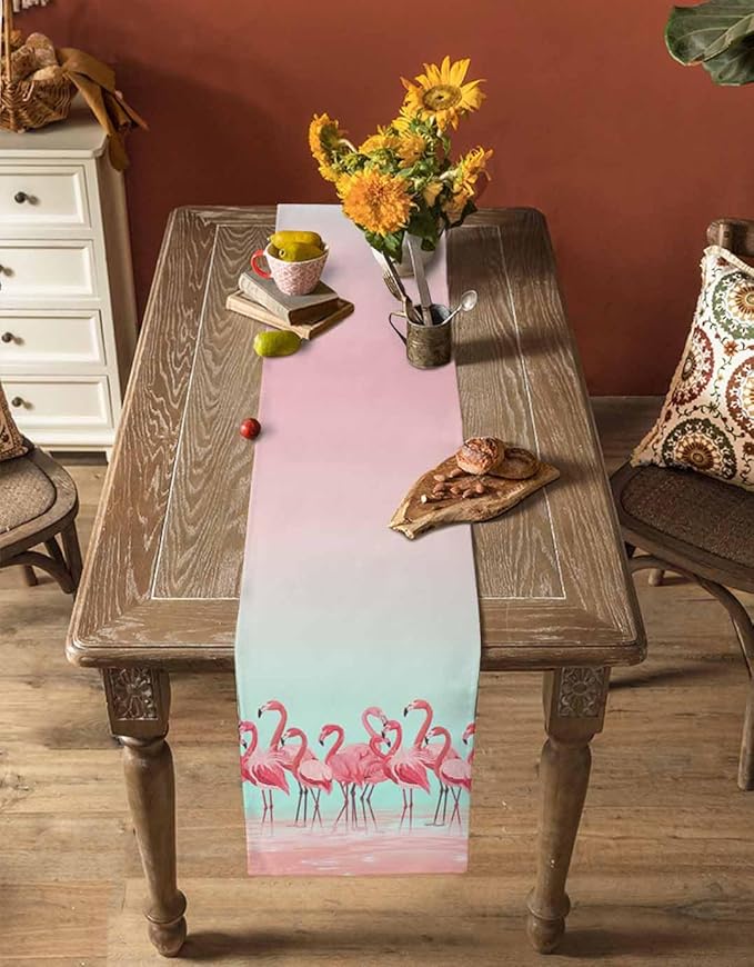 Tropical Flamingo Cotton Linen Table Runner for Dining Kitchen, Wedding Outdoor Party Tablerunners Decoration, Pink Bird Coastal Nautical Animal Dresser Scarf Coffee Tablecloth Runners 13x72 Inches