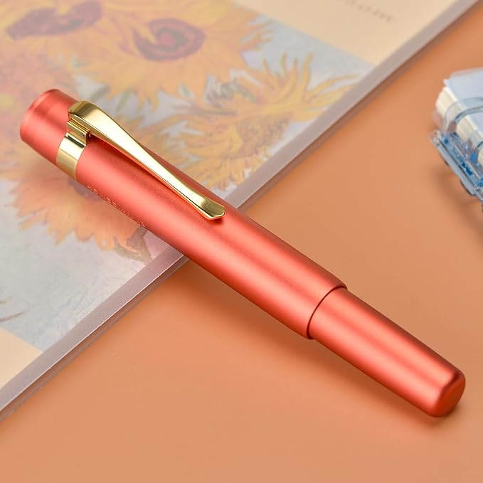 Hongdian M2 Mini Fountain Pen with Extra Fine Soft Golden Nib, Sleek Shape Aluminium Short Pocket Travel Pen (Orange Red)