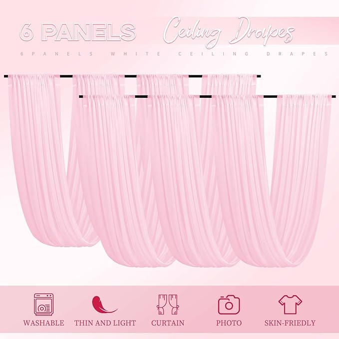 6 Panels Pink Ceiling Drapes for Wedding 5ftx15ft Ceiling Drapes Wedding Arch Draping Fabric Cheesecloth Sheer Curtain Romantic Ceiling Decorations for Weddings Party Banquet Ceremony Stage
