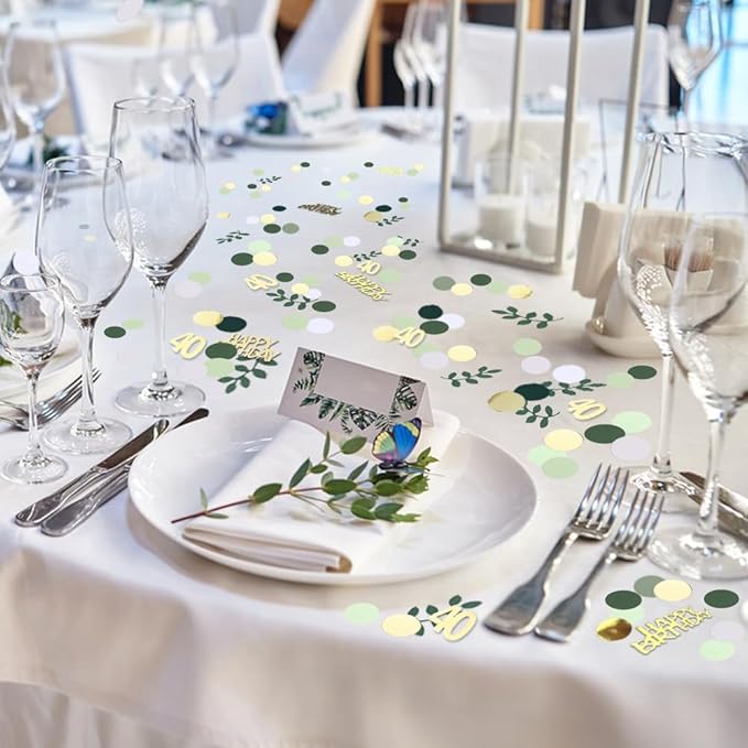 Sage Green 40th Happy Birthday Confetti, 40th Birthday Table Decorations Scatter Green Gold Foil Cake Confetti Decorations for 40 Bday Woman Man Party Decor 230 Pcs