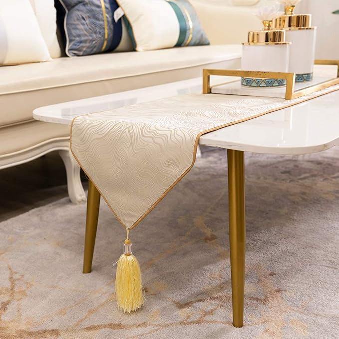Avigers 12 x 90 Inch Decorative Luxury Abstract Striped Beige Table Runners with Tassels for Home Living Room Bedroom Art Decor Wedding
